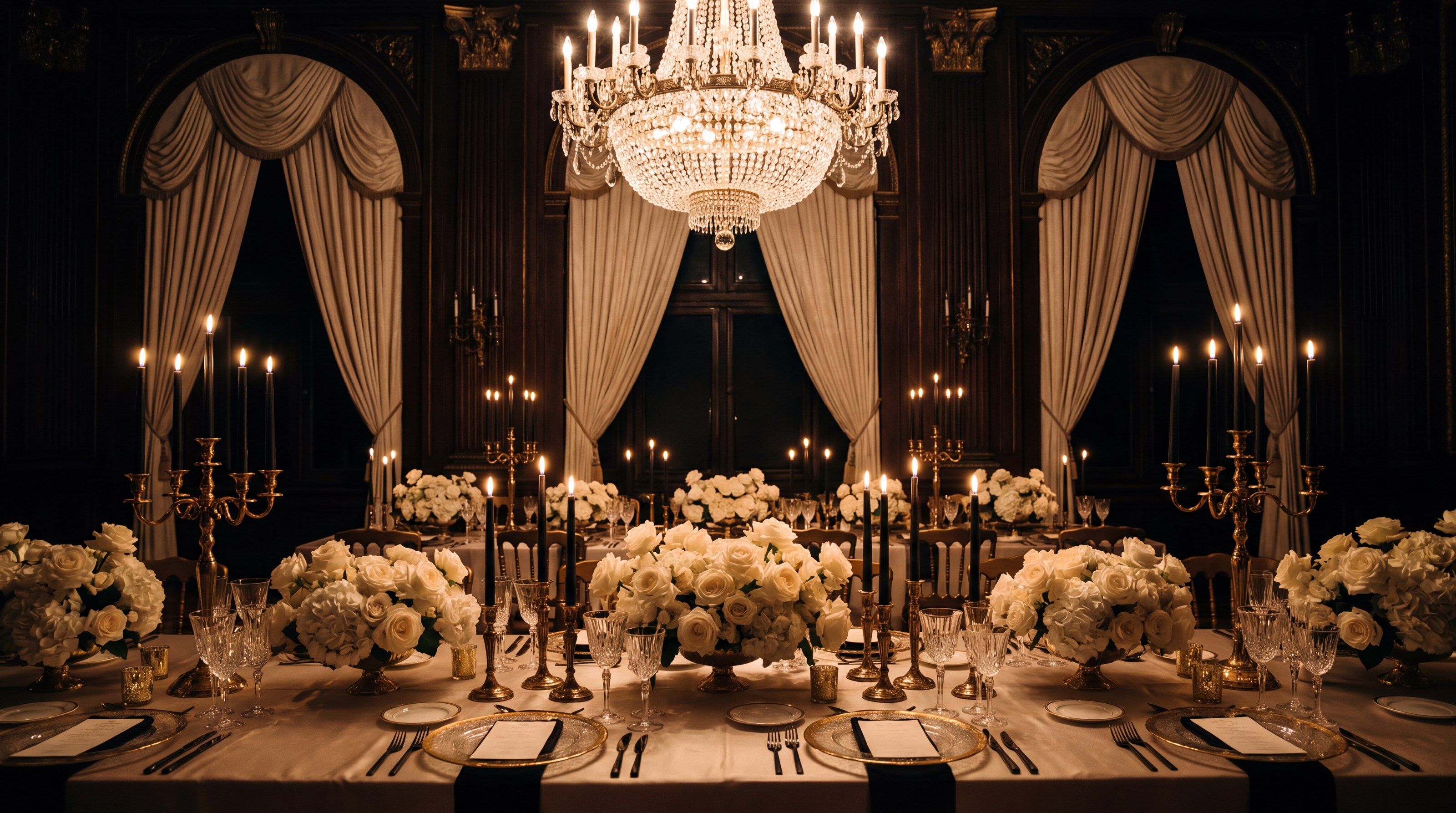 A candlelit ballroom beneath a crystal chandelier, a long table of ivory roses and black tapers