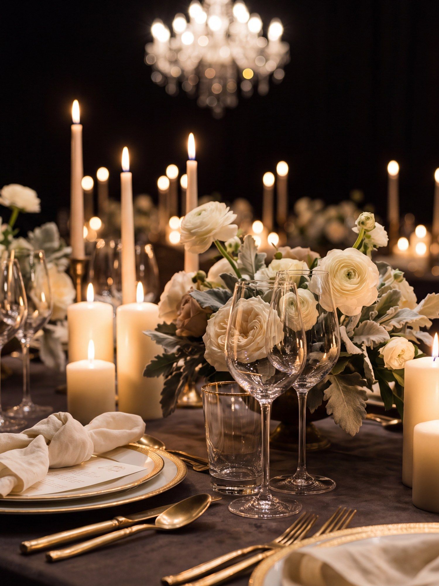 Gold flatware, crystal and garden roses on a candlelit banquet table