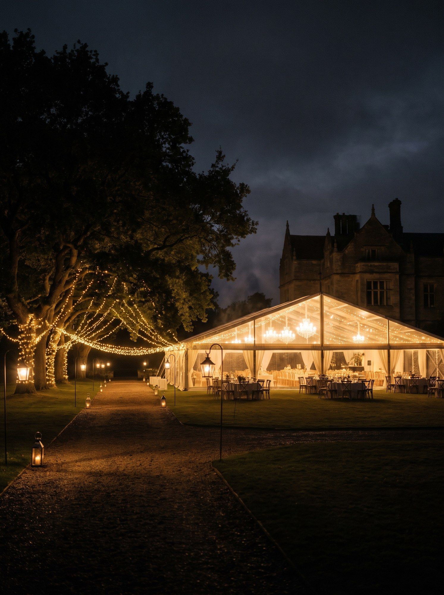 A glowing marquee on an estate lawn at night, trees strung with lights
