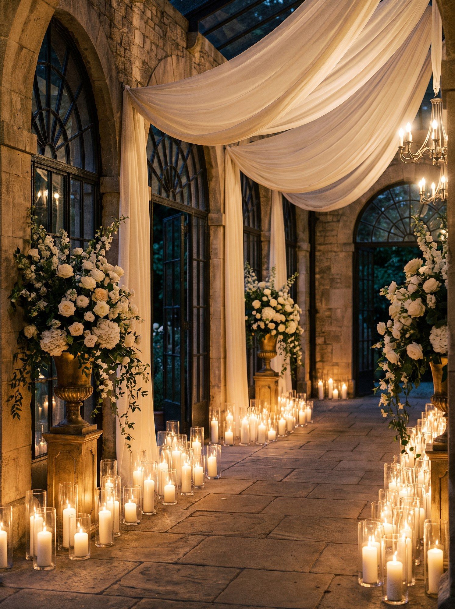 A candlelit aisle of ivory roses and hydrangea inside a stone orangery