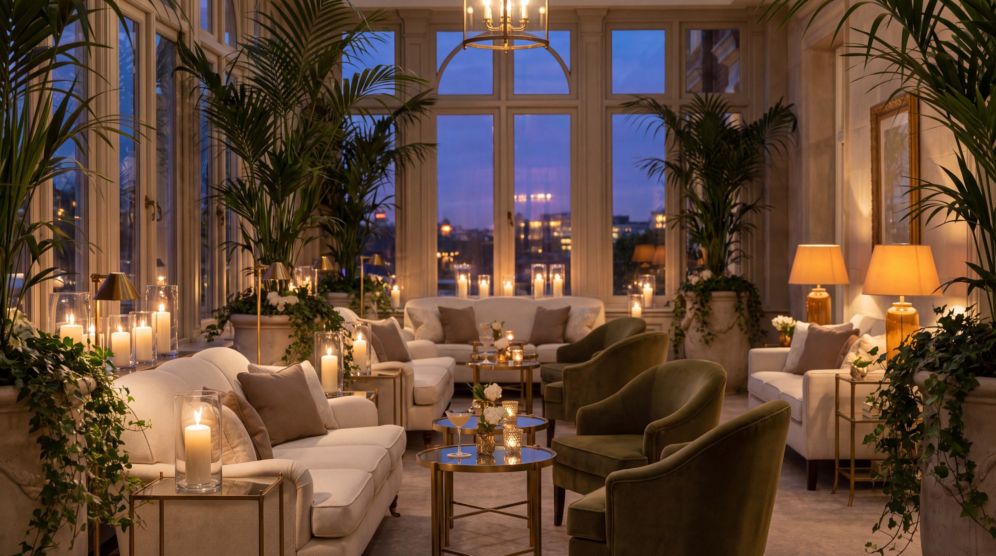 A candlelit conservatory lounge at dusk, set with ivory sofas, olive velvet chairs and tall palms