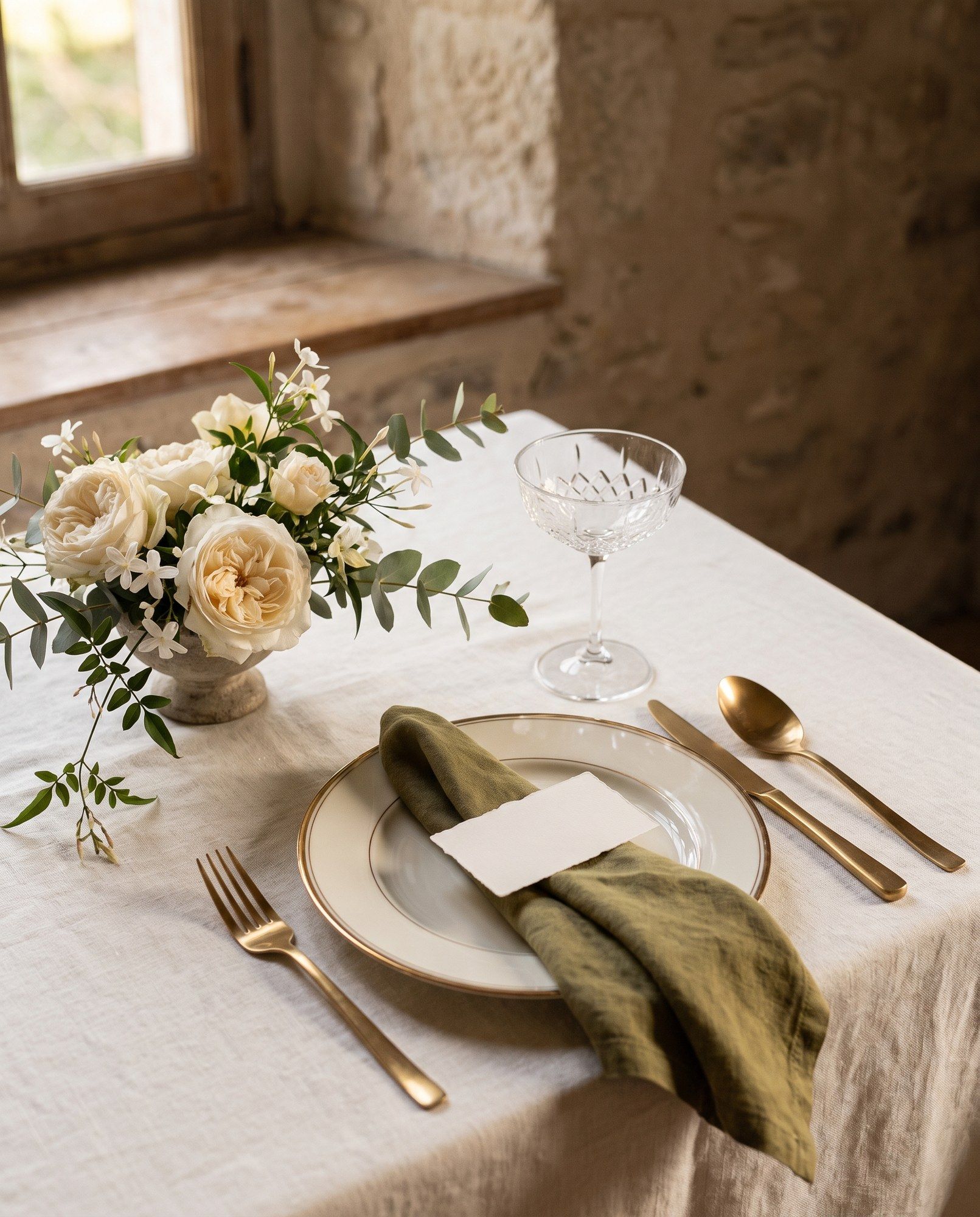 A single place setting on ivory linen: gold-rimmed porcelain, an olive linen napkin and garden roses