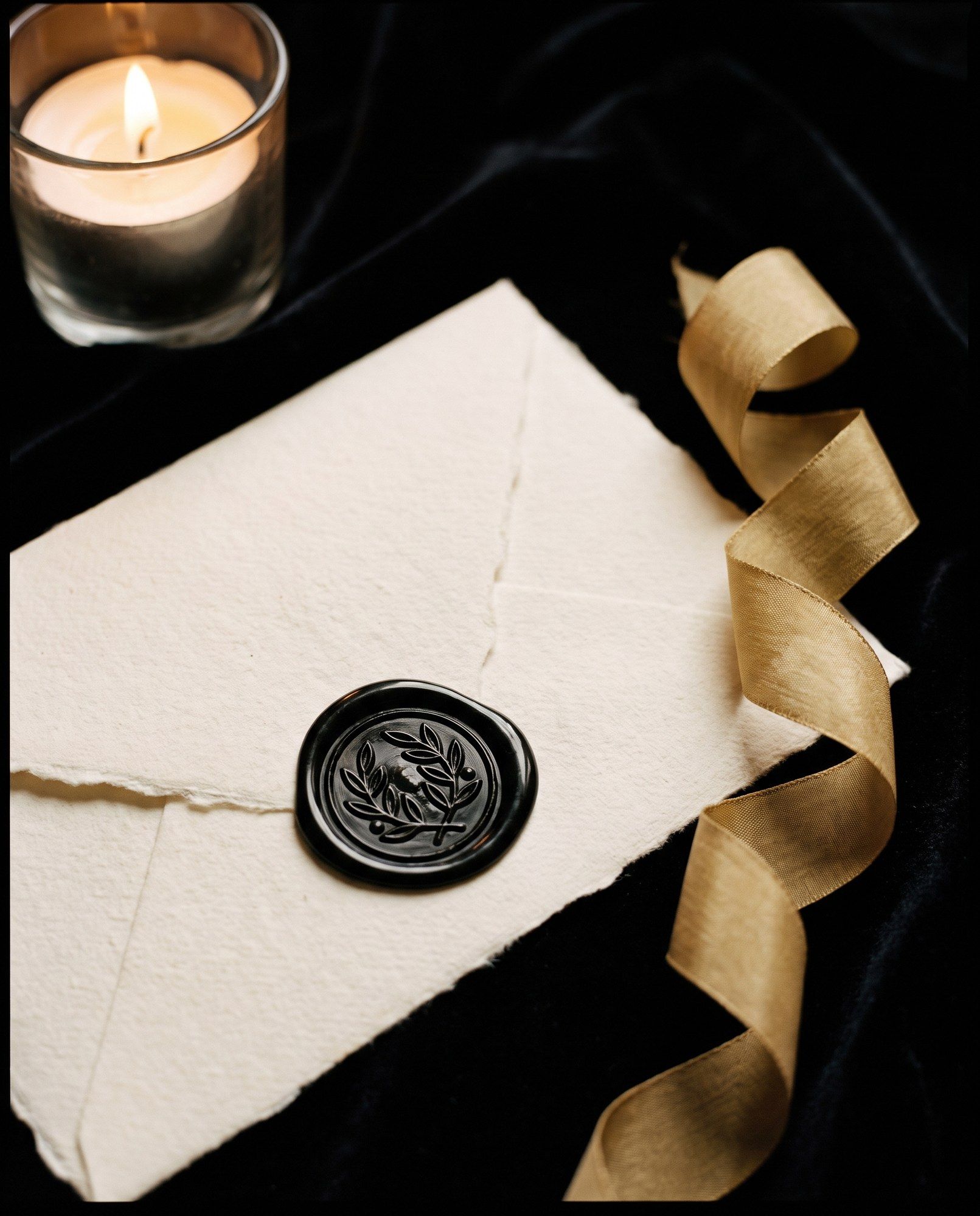 A cream deckled envelope closed with a black wax seal, beside a gold silk ribbon on black velvet